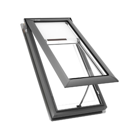 VS C04 Deck-Mounted Manual Venting "Fresh Air" Skylight, Stain Grade Wood Interior, Solar-Powered Darkening Shade, Standard Laminated Safety Glass